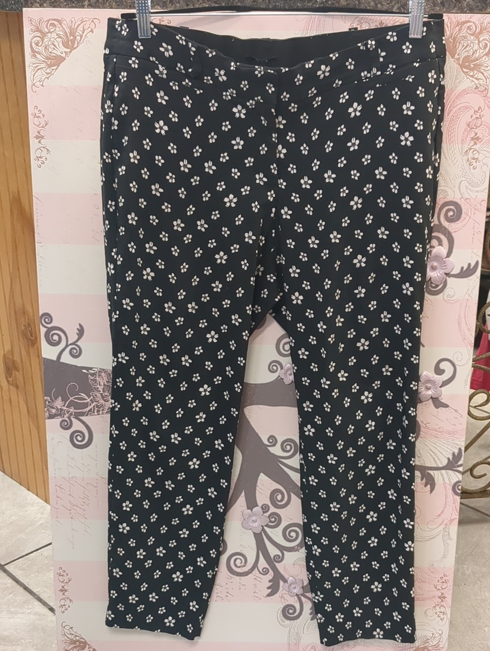 Lane Bryant Black Pants with White Floral Print